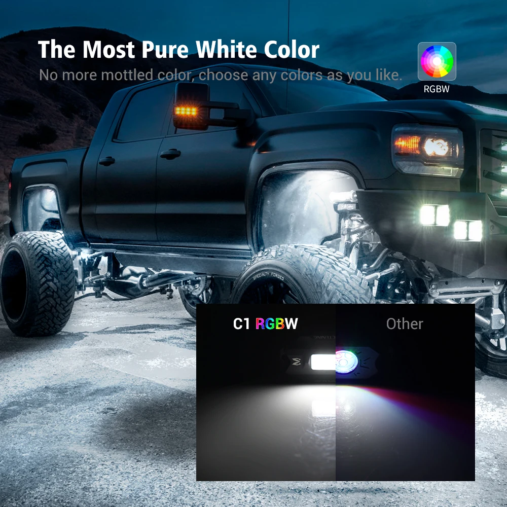 MICTUNING C1 4 Pods RGBW LED Rock Lights with Wireless APP Controller,Music Mode Underglow Neon Light,Underbody Lamp for Car ATV