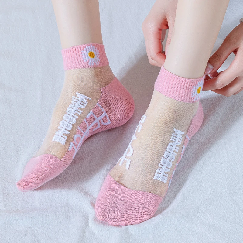 5Pairs Summer Woman Silk Socks Ankle Lace Ultra-thin Girl’s Transparent Glass Fiber Fashion Daisy Flower Harajuku Cute Style New