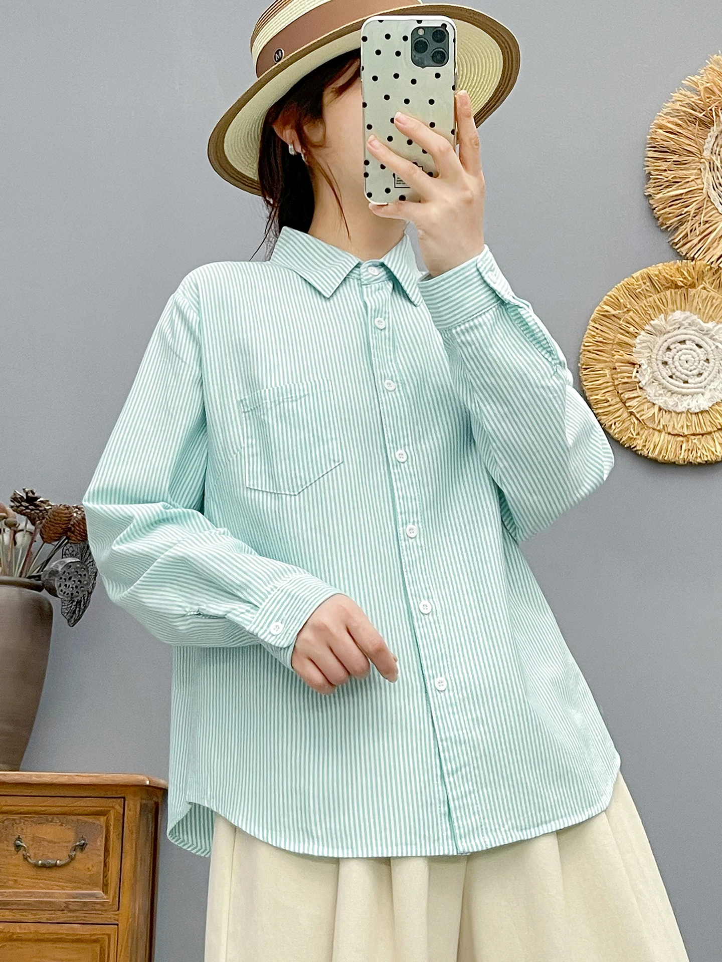 Blusa 100% de algodón de alta calidad para mujer, camisa de algodón Oxford con rayas giratorias, camisa de manga larga para mujer, blusas con solapa de tiras OL, Top