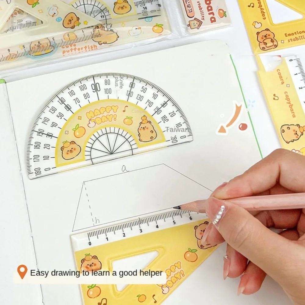 Metric Ruler Cartoon Pattern Ruler Set Multifunctional Protractor Capybara Ruler Set Plastic Stationery Ruler Four-piece Set