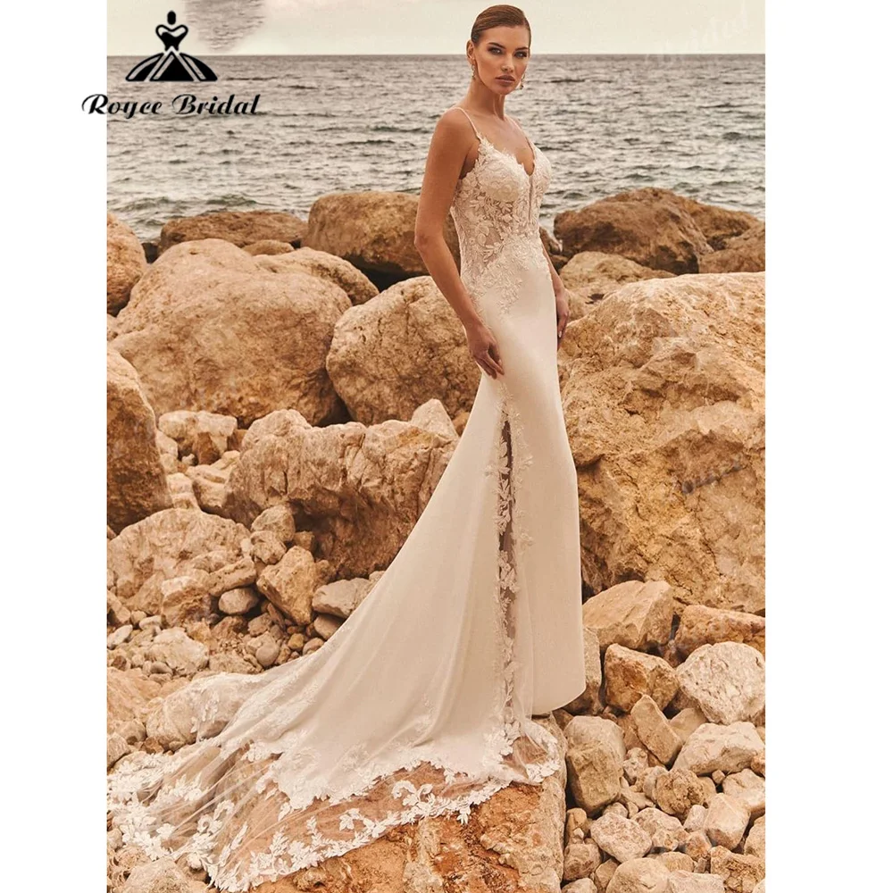 Thin Beaded Spaghetti Strap V Neck Mermaid Wedding Dress 3D Floral Lace Boned Corset Open Back Bridal Gown  Customized