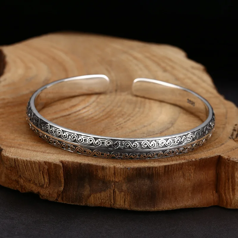 S925 Sterling Jewelry, Style Animal Pattern Bracelet, Vintage Thai Silver Open Bangle