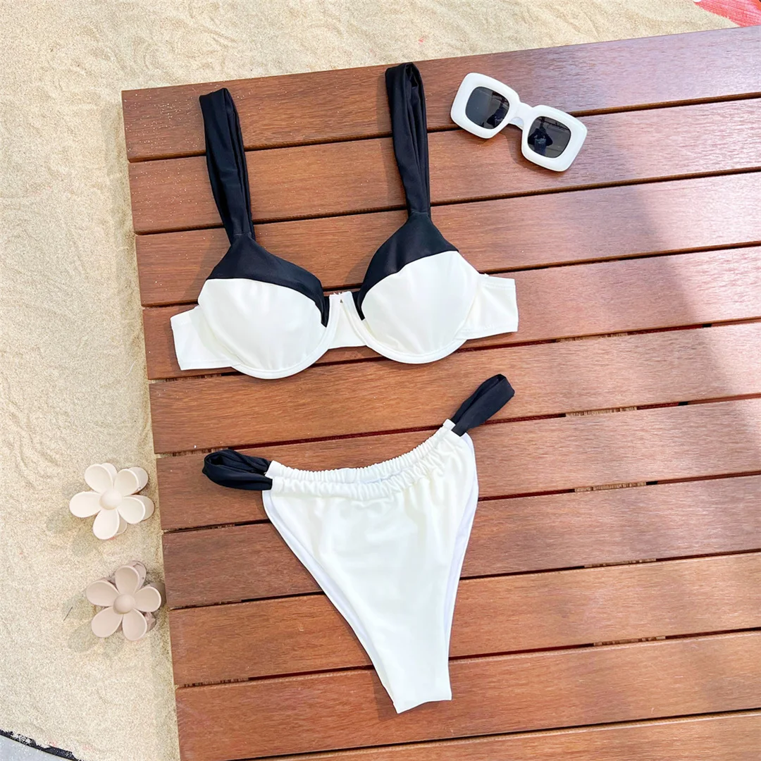 Sexy, mit Bügeln versehener, hoch geschnittener Bikini mit Splicing-Design, Damen-Badeanzug, zweiteiliger Bikini-Set, Badebekleidung, Badeanzug, Schwimmbikini V7040 – Detail 9