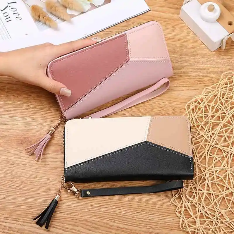 Large Capacity Long Ladies Wallet Color Block Design Handheld Money Holder Female Storage Bag Fashionable ABS Material
