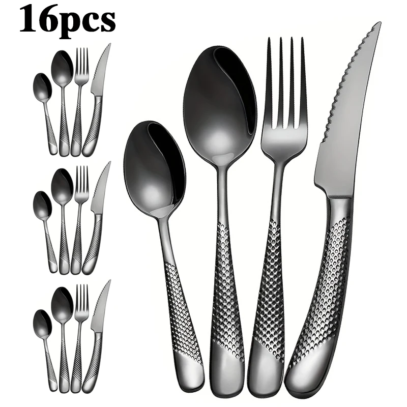 

16 stainless steel star diamond knife and fork spoon senior black steak knife knife dessert spoon French tableware.