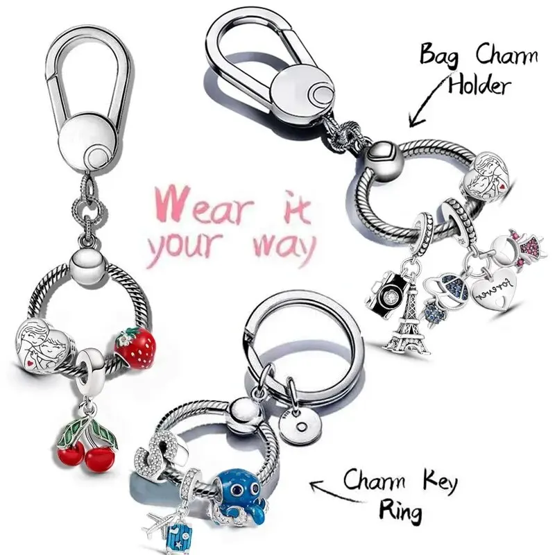 Authentic 925 Sterling Silver Moments Bag Charm Holder Key Ring Set Fit Original Charms for Women Jewelry Keychain