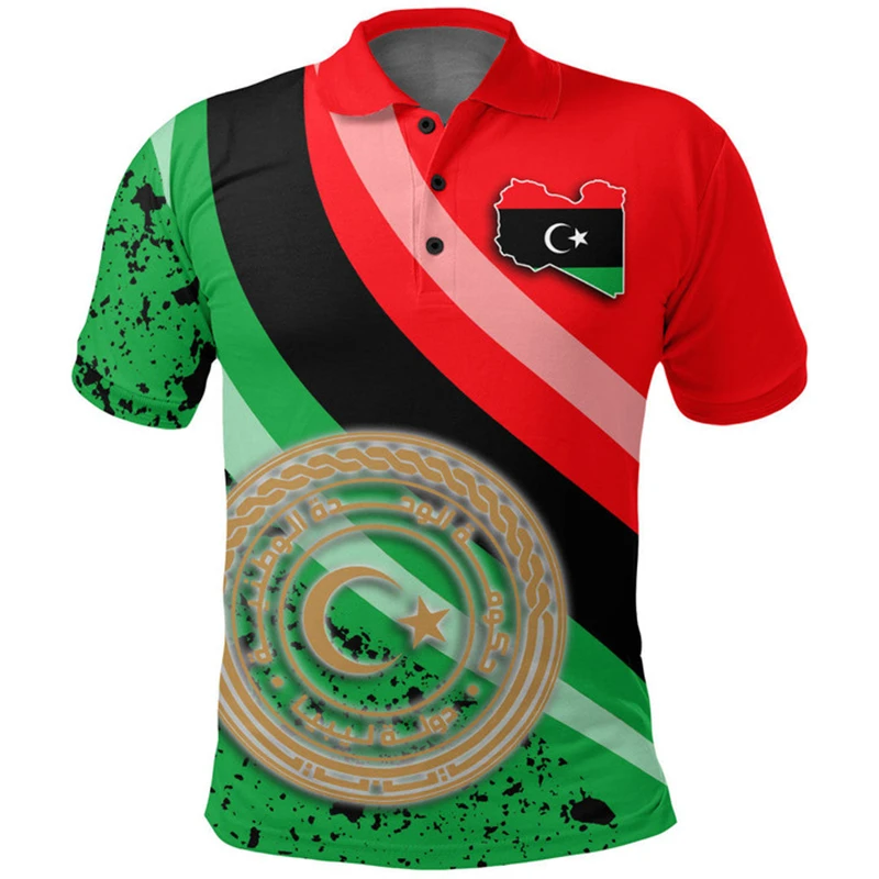 Libya 3d Print Flag Polo Shirt For Men LY Libyan National Emblem T-shirt Summer Casual Street Lapel Short Sleeve GYM Tops Shirts