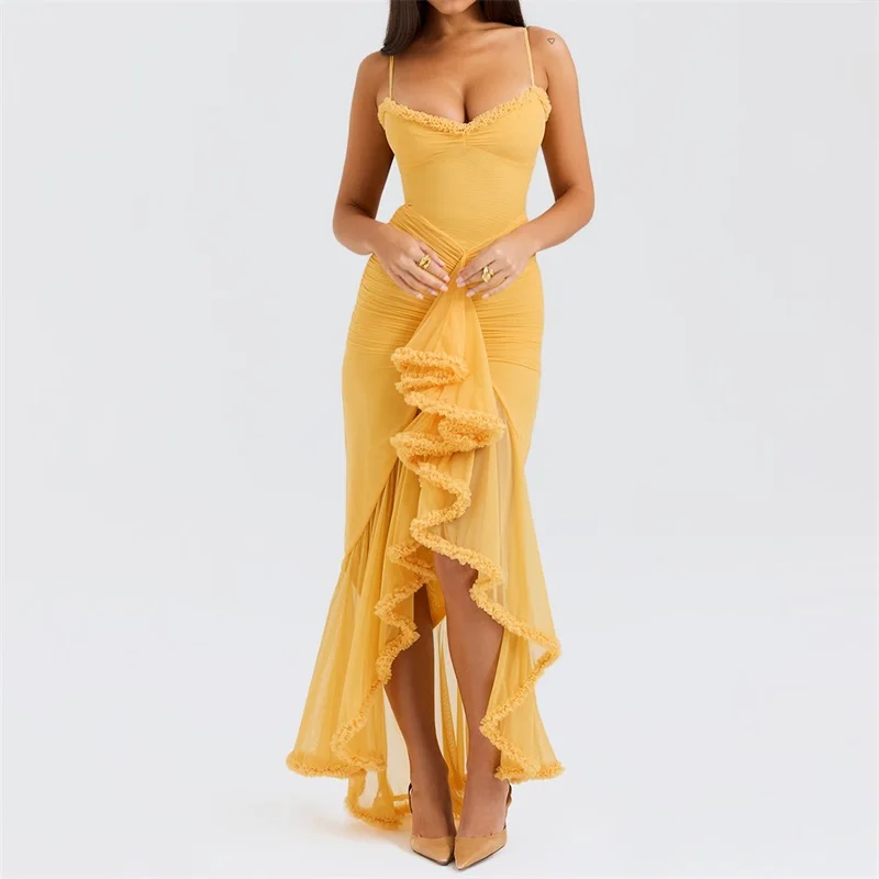 Elegant Yellow Mesh Camisole Party Dress Pleats Irregular Hemlines Ballroom Wear Fashionable Lace See Through Evening Gown