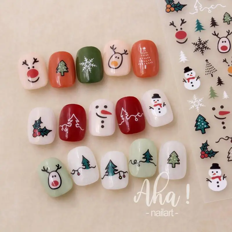 Autocollants de noël pour Nail Art, dessin animé père noël bonhomme de neige flocon de neige motif en relief, décalcomanies pour ongles, décorations de manucure