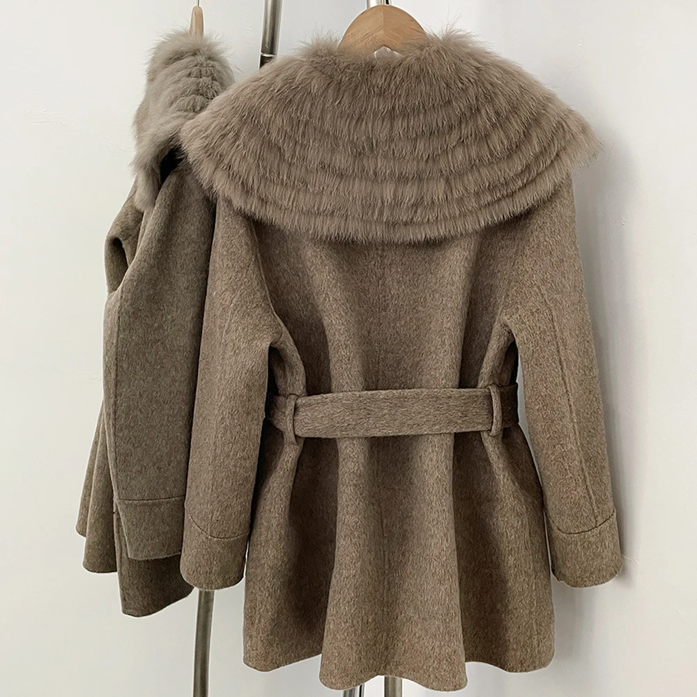 Elegant Fur Coat Belted Wool Coat Women Long Thick Double Face Outerwear Premium Fur Winter Fashion Warm Layer for Office Wear