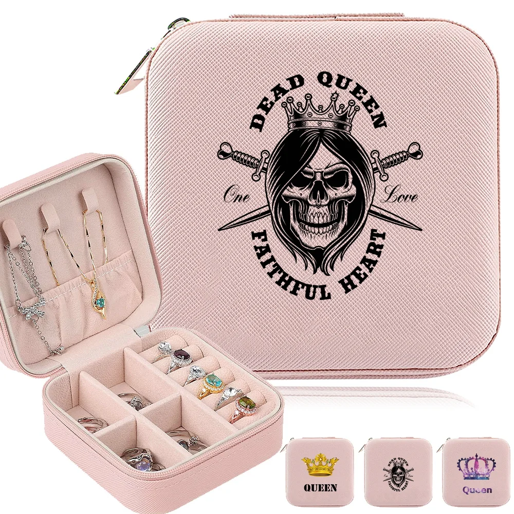 

Women's Jewelry Storage Box Travel Necklace Ring Jewel Boxes New Zippered Queen Pattern Series Portable Jewels Organizer Case