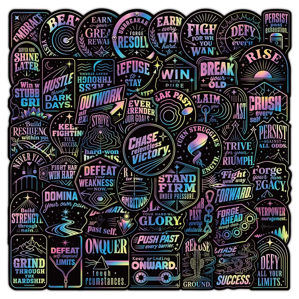 50Pcs Holographic Encouraging Quote Stickers for Skateboard Helmet Reward Journal DIY Creative Decor Decals