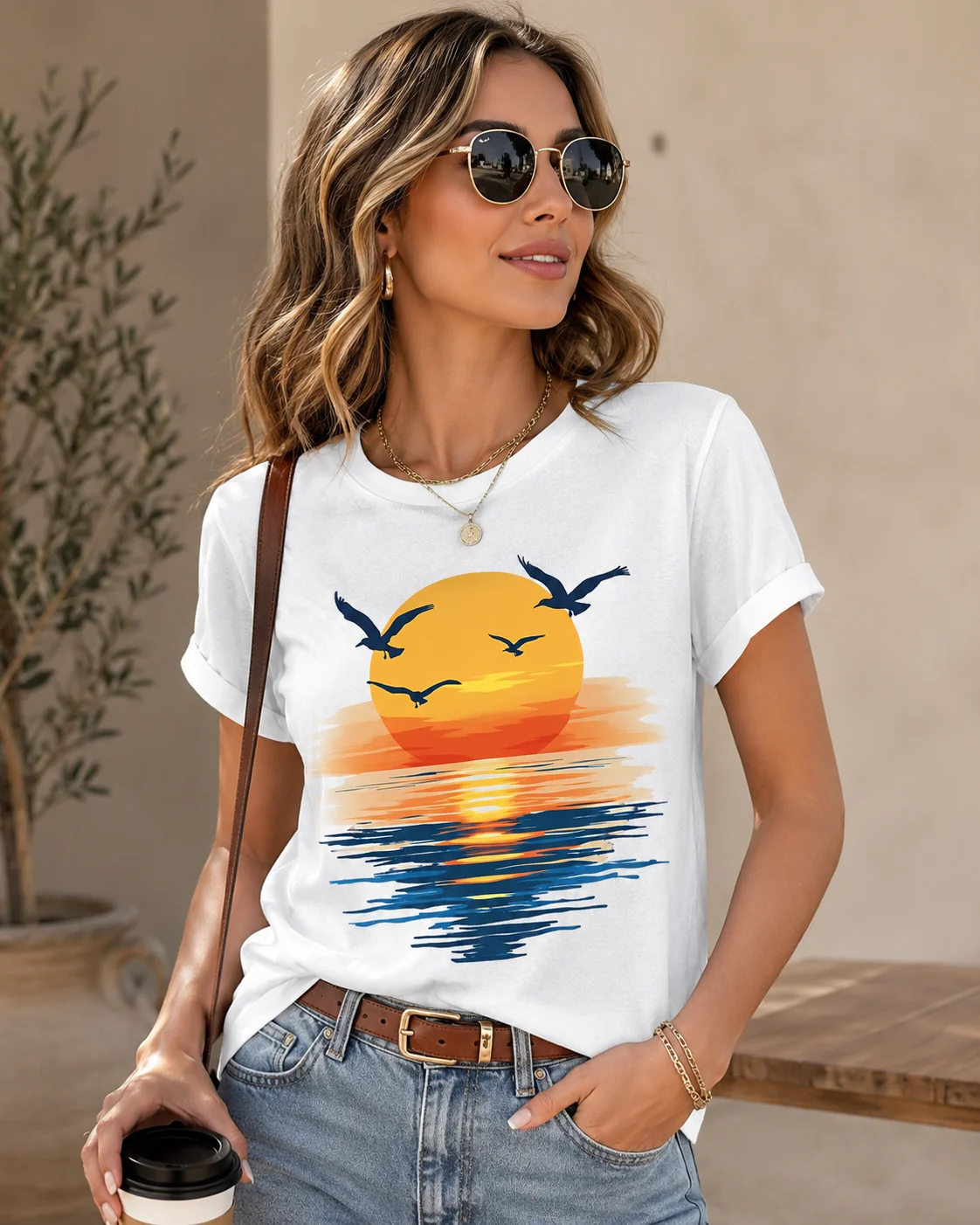 2026 New Arrival Women's Round-Neck Short-Sleeve T-Shirt with Seaside Sunset and Bird Silhouette Print: Retro Casual Sports Top