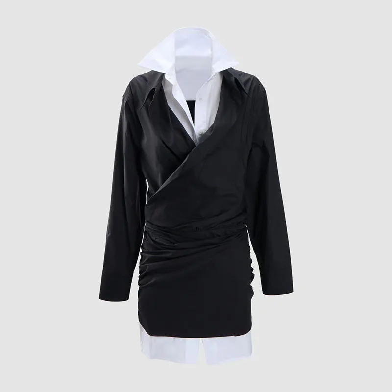 Women's Long-Sleeve Collared Waist-Cinched Shirtdress, Patchwork Bodycon Dress, Evening Gown, 2026, Spring, New Arrival, Y2K