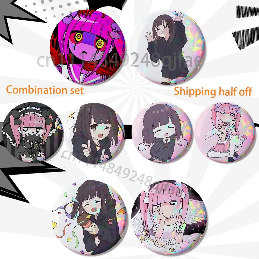 Pink twin ponytails Menhera chan 2 piece set Badges On Backpack Jacket Cartoon Round Brooches Acrylic Button Pins Collection
