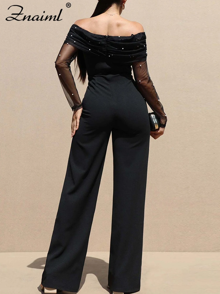 Znaiml Parel Mesh Patchwork Jumpsuit Vrouwen Sexy Off Schouder Slash Hals Lange Mouw Elegante Wijde Pijpen Broek Party Overalls 2026