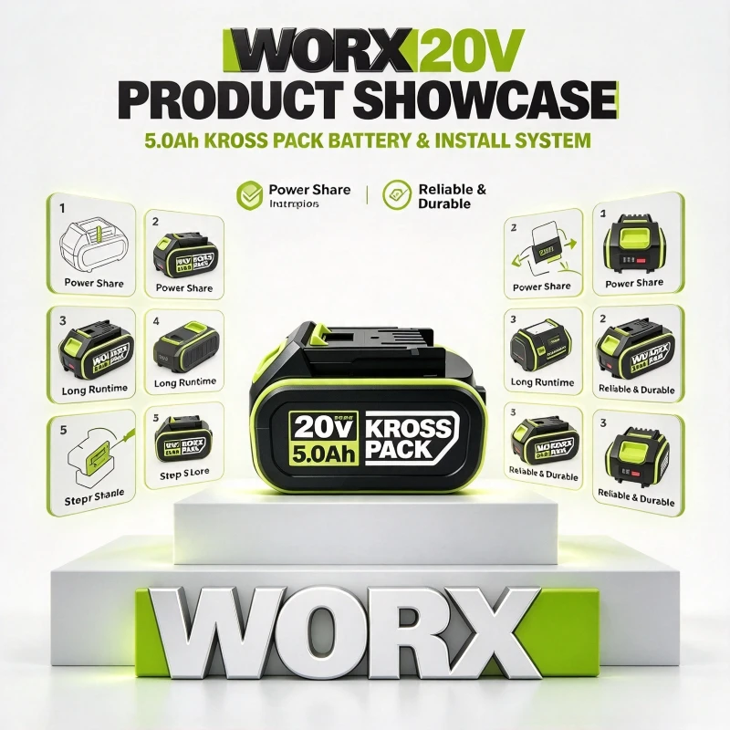 New WORX Rchaergeable 20V 5Ah Lithium‑ion Battery WA3525  WA3553 Durable Battery for Impact Driver Hedge Trimmer Cordless Tools