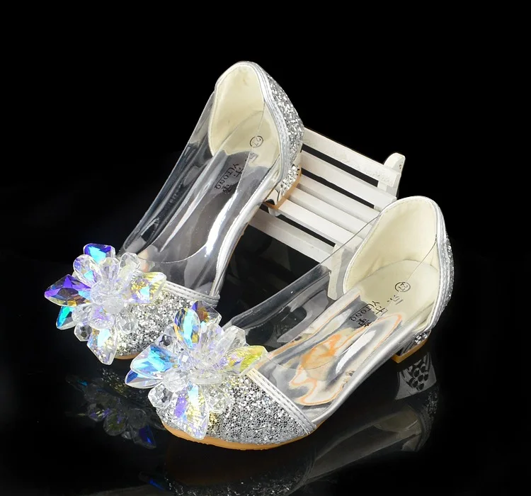 Kids High Heels Girls Leather Shoes Diamond Flower Casual Pink Glitter Children Dance Party Shoes 2024 Girls Transparent Sandals