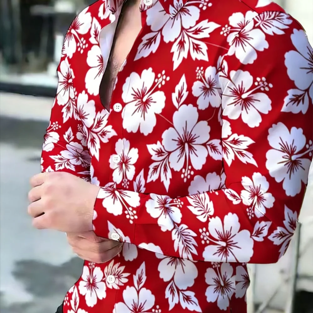 

Men's Long Sleeve Hawaiian Shirt Hibiscus Flower Print Casual Lapel Button up for Daily Beach Vacation