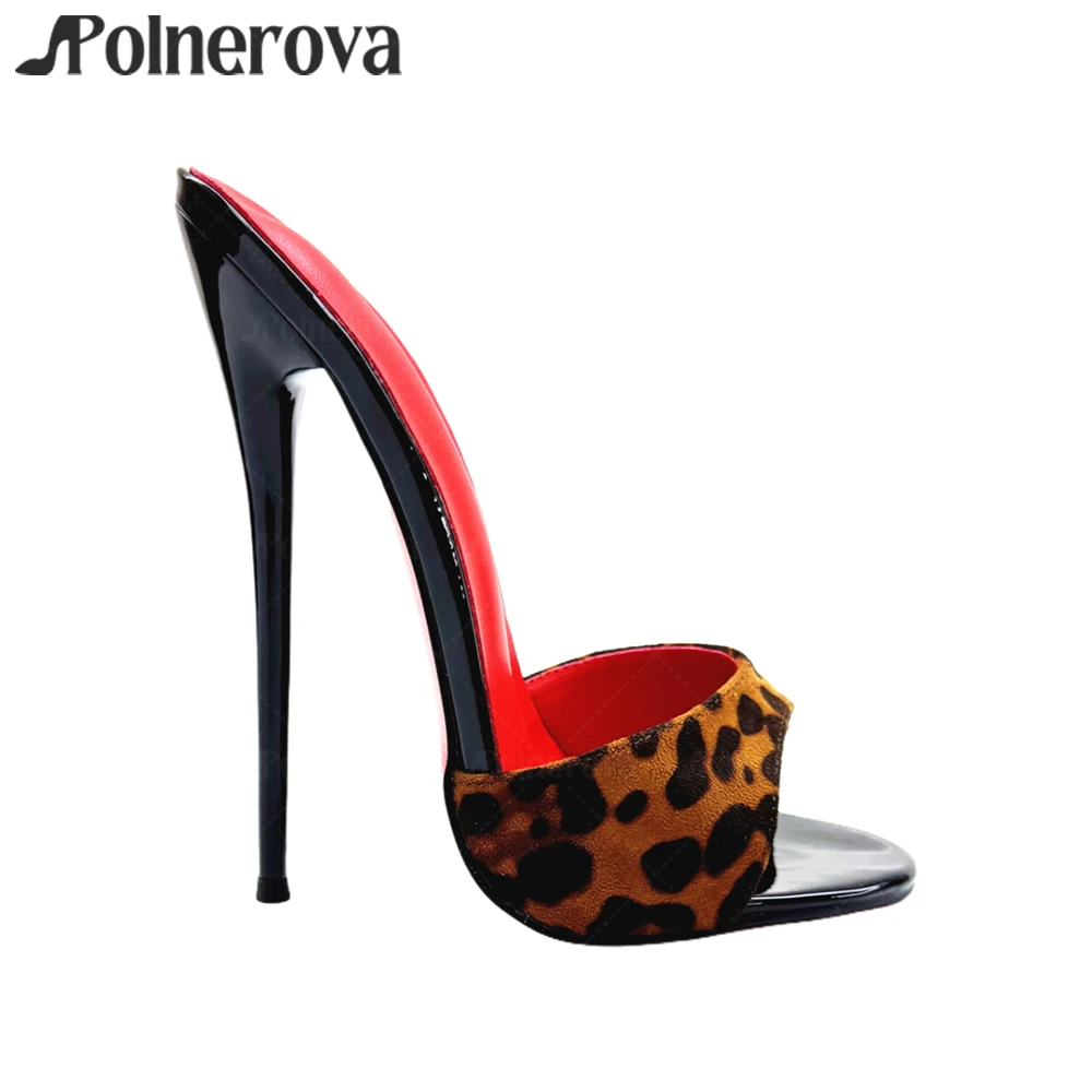 16 سنتيمتر ليوبارد طباعة المفتوحة تو البغال أبيض وأسود زيبرا مخطط النعال اللمحة تو الانزلاق على الخناجر مثير طلى كعب النعال