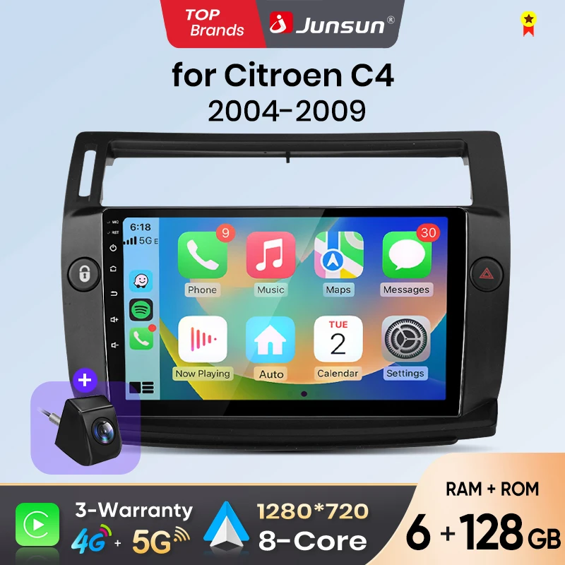 Autoradio Android Auto Junsun pour Citroen C4 2004 2005 2006 2007 2008 2009, système intelligent multimédia sans fil Apple CarPlay, écran tactile IPS, lecteur vidéo stéréo, autoradio 2 Din, navigation