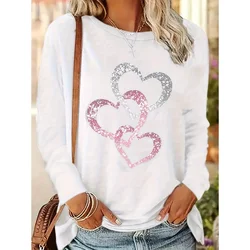 2024 Fashion Women's Round Neck Long Sleeve T-Shirt Y2K Heart Pattern Top Long Sleeve Tops Spring&Autumn Women's Casual T-Shirt