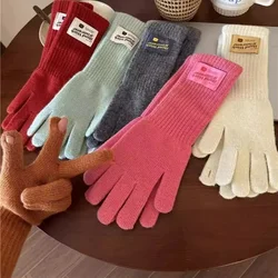 Solid Color Ins Knitted Wool Gloves Keep Warm Long Fluffy Plush Mittens Touch Screen Gloves Full Finger Outdoor Skiing Gloves