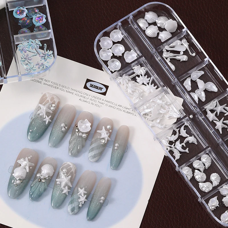 อุปกรณ์ตกแต่งเล็บ 12 ช่อง/กล่อง ลายเปลือกหอย ดาวทะเล หางนางเงือก 3 มิติ สำหรับทำเล็บสไตล์ฝันหวานและทะเล