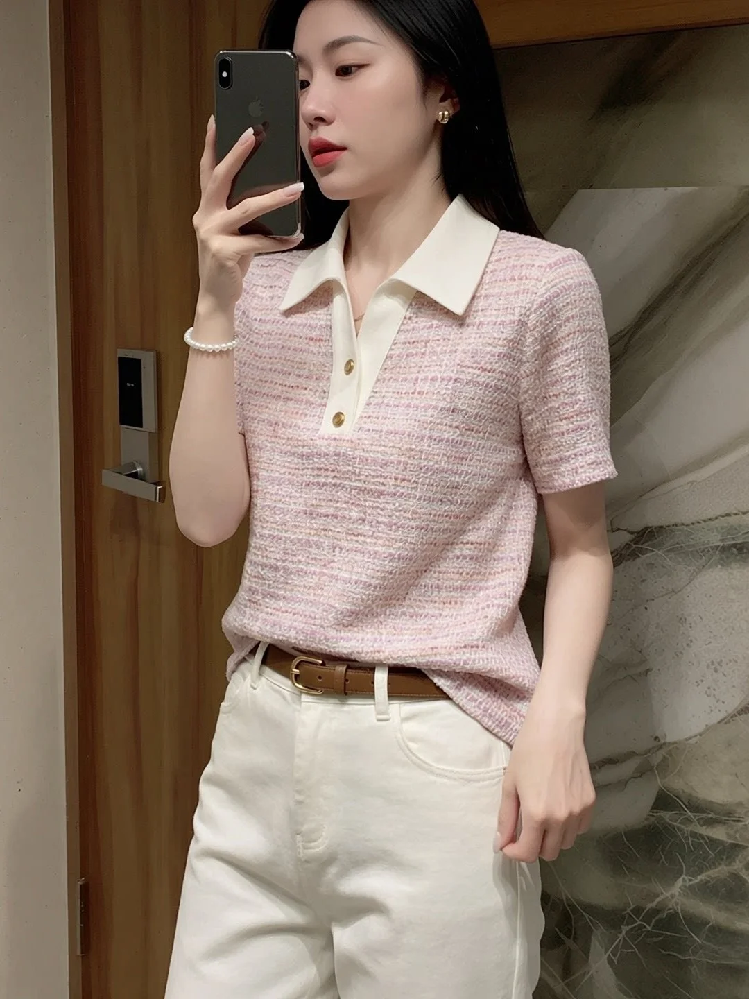 Oule Summer Pink Gentle  Neck Short Sleeve T-Shirt Women High-End Atmosphere Top Luxury Style Straight Cut Regular Length