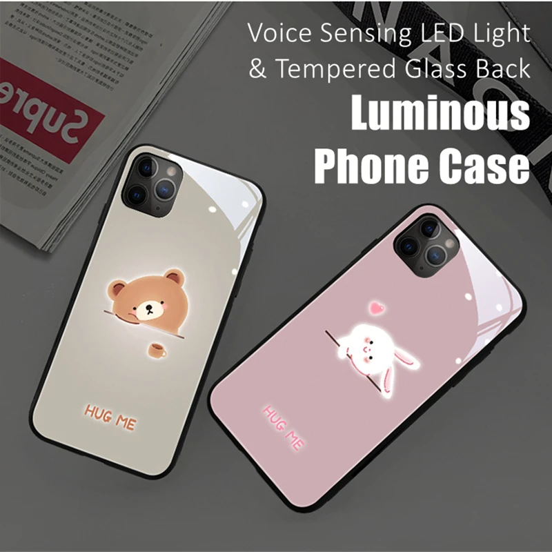 

Couples Hug Me LED Light Glowing Luminous Tempered Glass Phone Case for Samsung S24 S22 S23 Note 10 20 A14 A53 A73 Plus Ultra