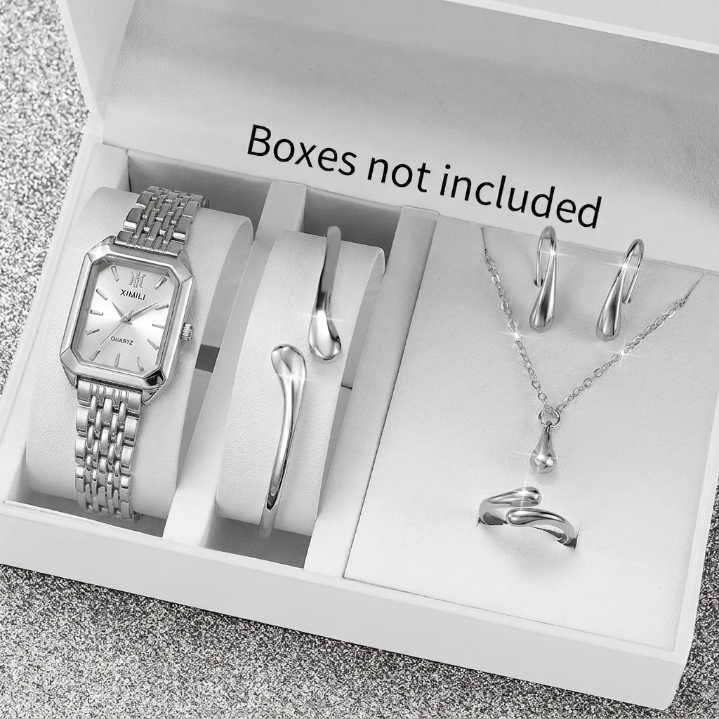 Ensemble de montres à quartz rectangulaires pour femmes, 6 pièces, ensemble de bijoux, bracelet en acier, accessoires pour dames, Relogio Feminino (sans boîte)