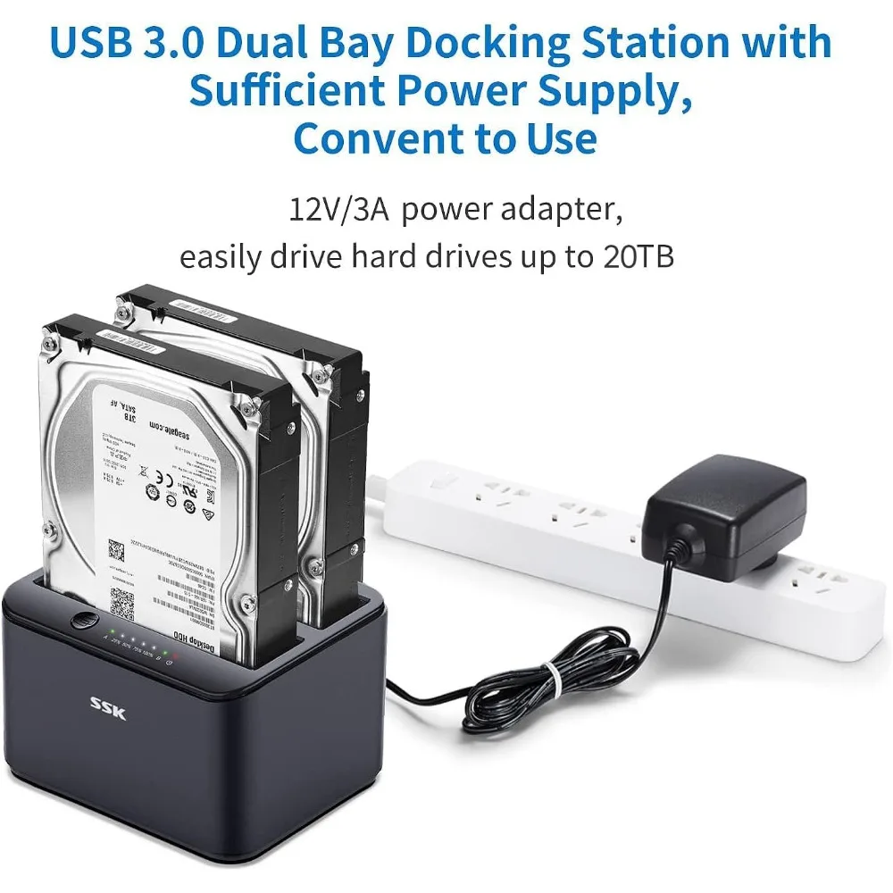 Estación de acoplamiento de disco duro SSK, USB 3,0 a SATA de doble bahía, base de disco duro externo para SATA HDD SSD de 2,5 y 3,5 pulgadas con clon sin conexión UASP