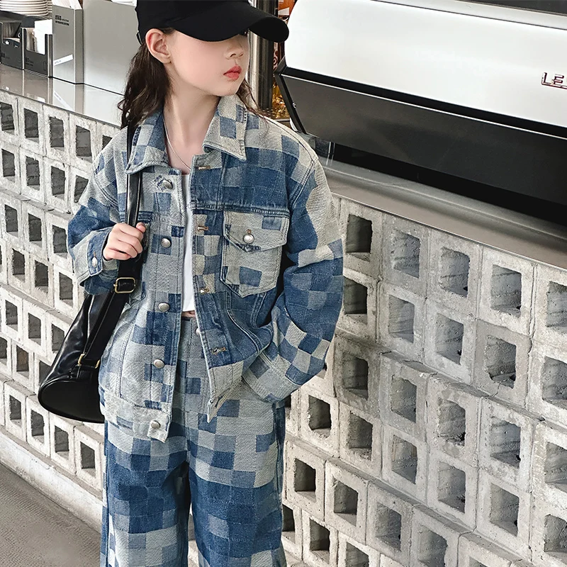 spring teen girl grid cowboy suit Denim jacket+Wide leg jeans 2pc junior kid pants clothes set child outfits 4-14 youth conjunto