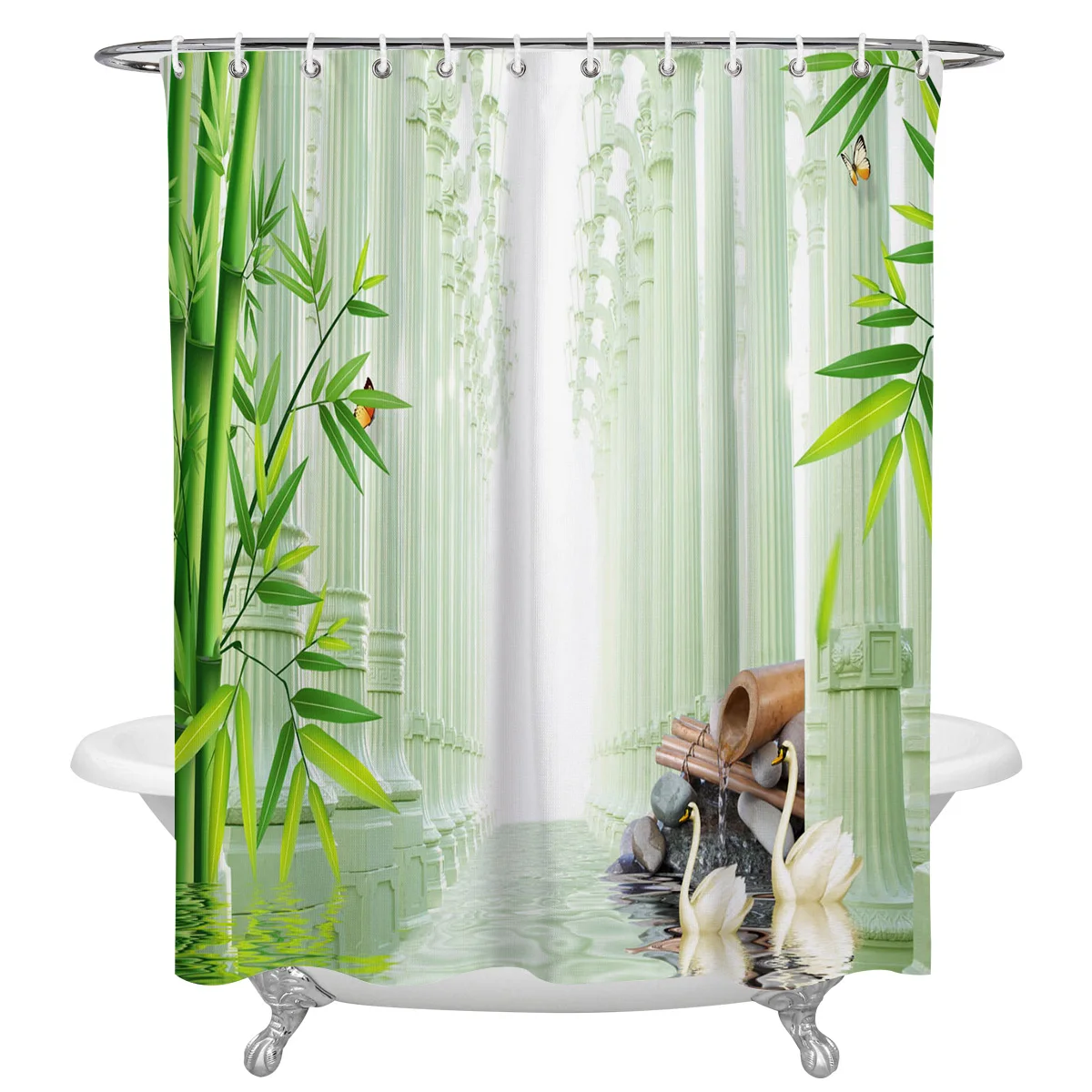 Bamboo Swan Pillar Water Surface Stone Butterfly Waterproof Shower Curtain With Hook Bathroom Decoration Accessories Curtains