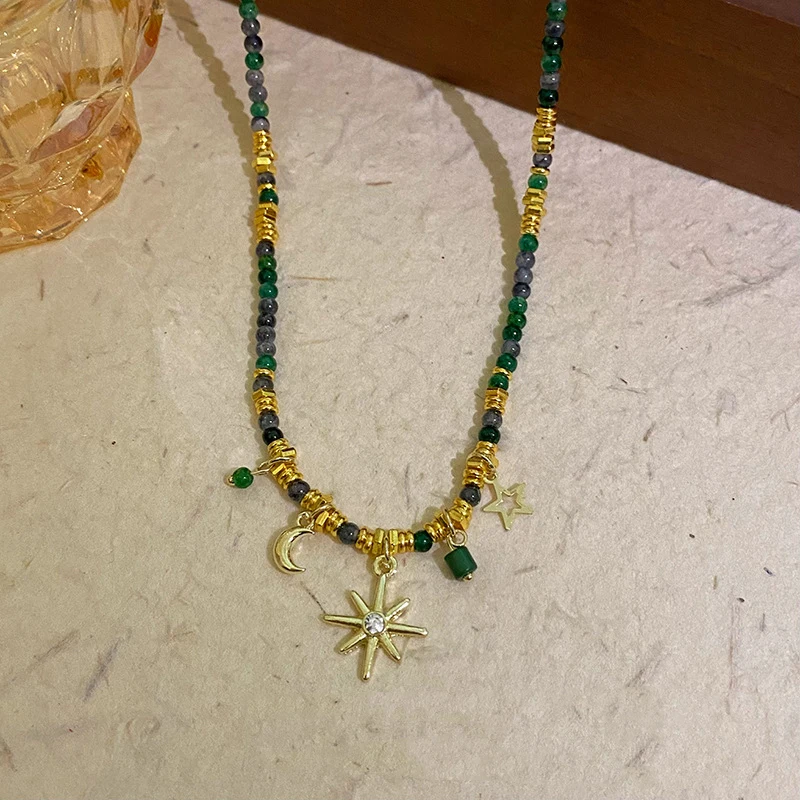 Vintage Green Stone Beaded Necklace Star Moon Sunflower Charm Clavicle Chain Women Party Jewelry Summer Vacation image 2