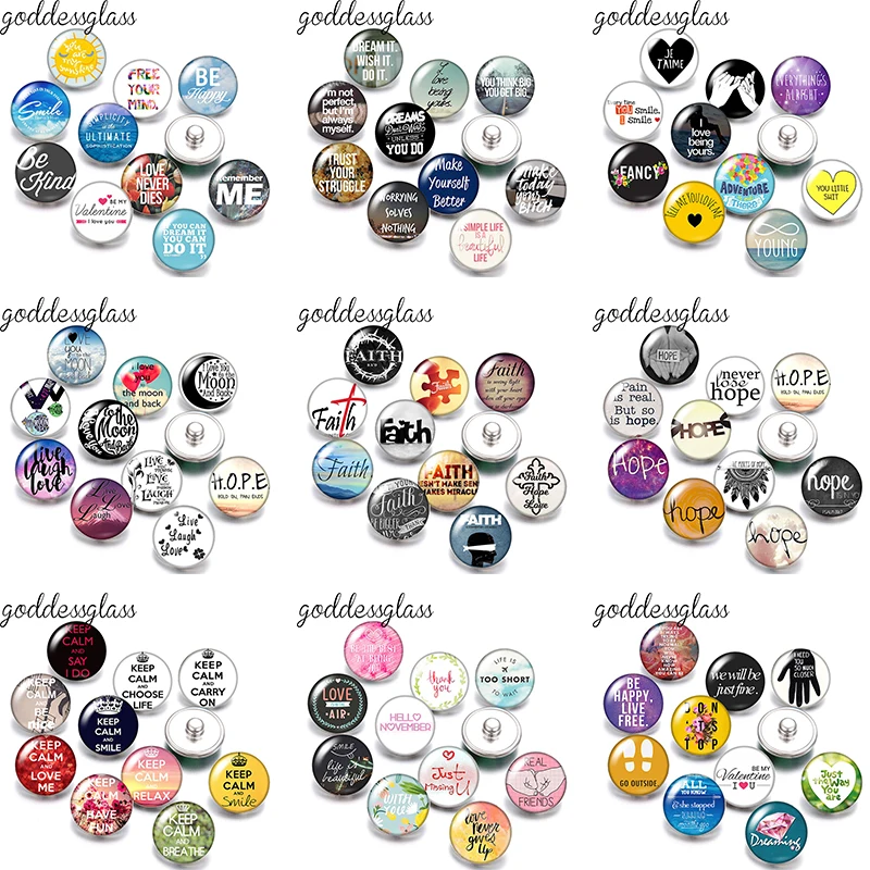 Positive Words Faith Hope Clam Live Laugh Love Photo 10pcs 12mm/18mm snap buttons for 12mm/18mm snap bracelets DIY jewelry