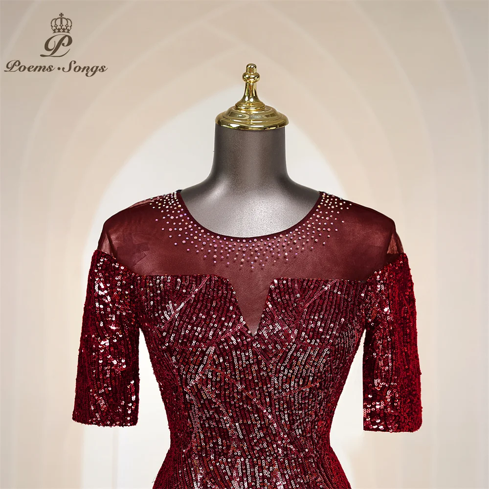 Burgundy Sequins Long Evening Dress With 34 Long Sleeves Sheer Jewel Neck Mermaid Floor Length Prom Dresses Party