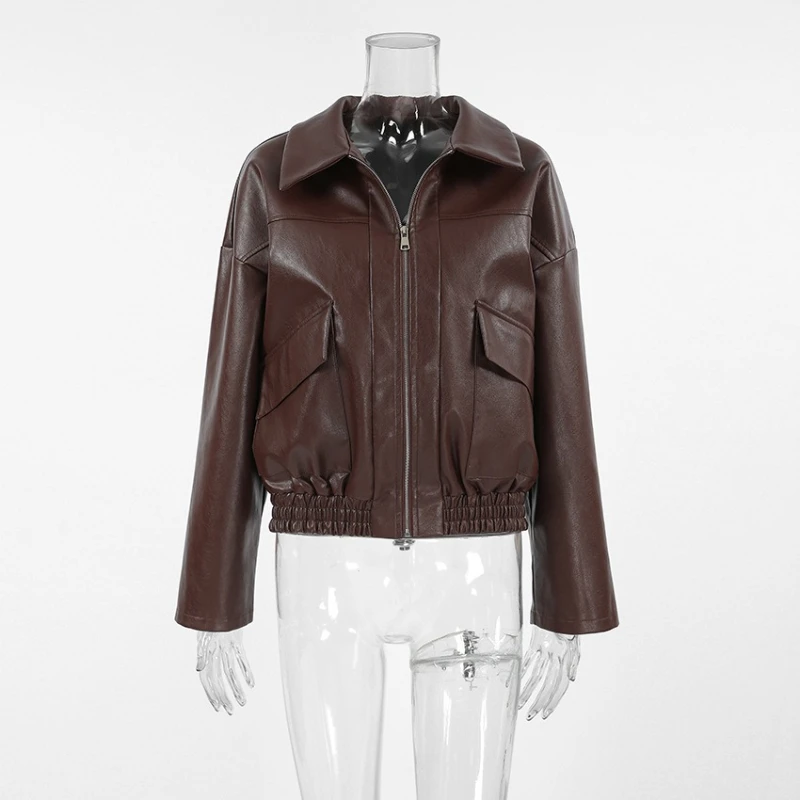 TARUXY Vintage Zipper PU Leather Jacket Women's Fashion Turn-Down Loose Long Sleeve Spliced Pocket Solid Coat Autumn Street Coat
