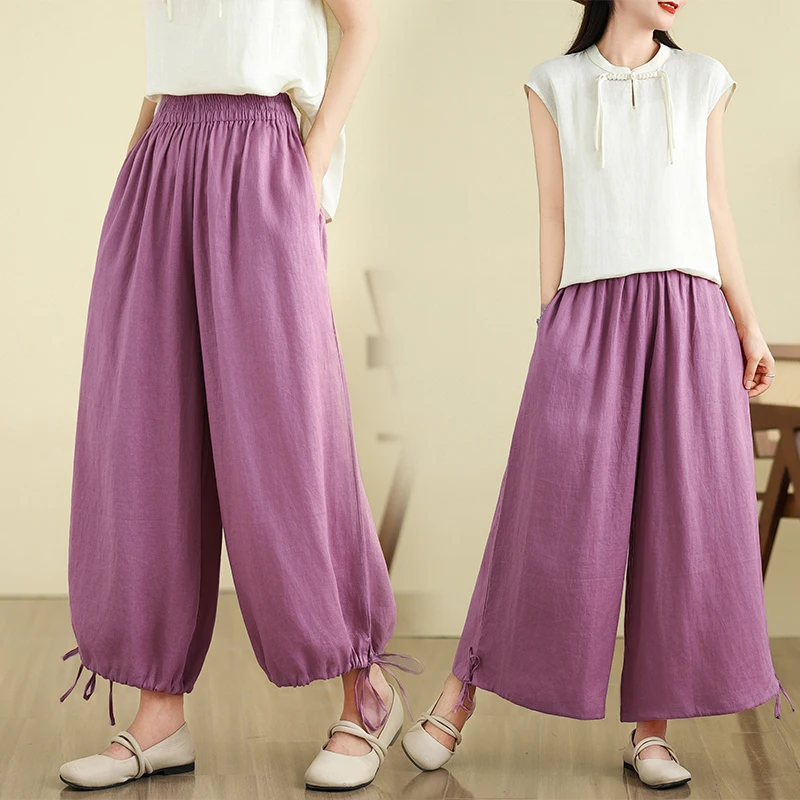 

Summer New Original Cotton Linen Loose Casual Wide Leg Pants Seven-Foot Two-Way Drawstring Cuff Large Size Color Pants