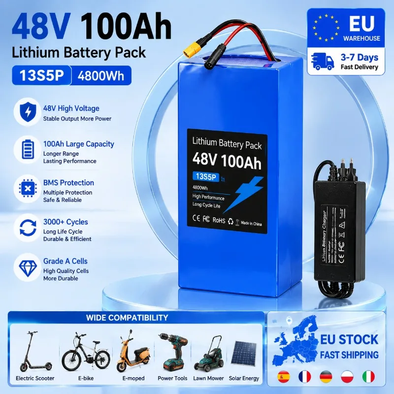 48V 10000mAh E-Bike Lithium-Akku 13S5P 18650 Zellen-Akkupack mit BMS Wiederaufladbare Stromversorgung für Elektrofahrrad Roller 500W 750W 1000W EU-Lager