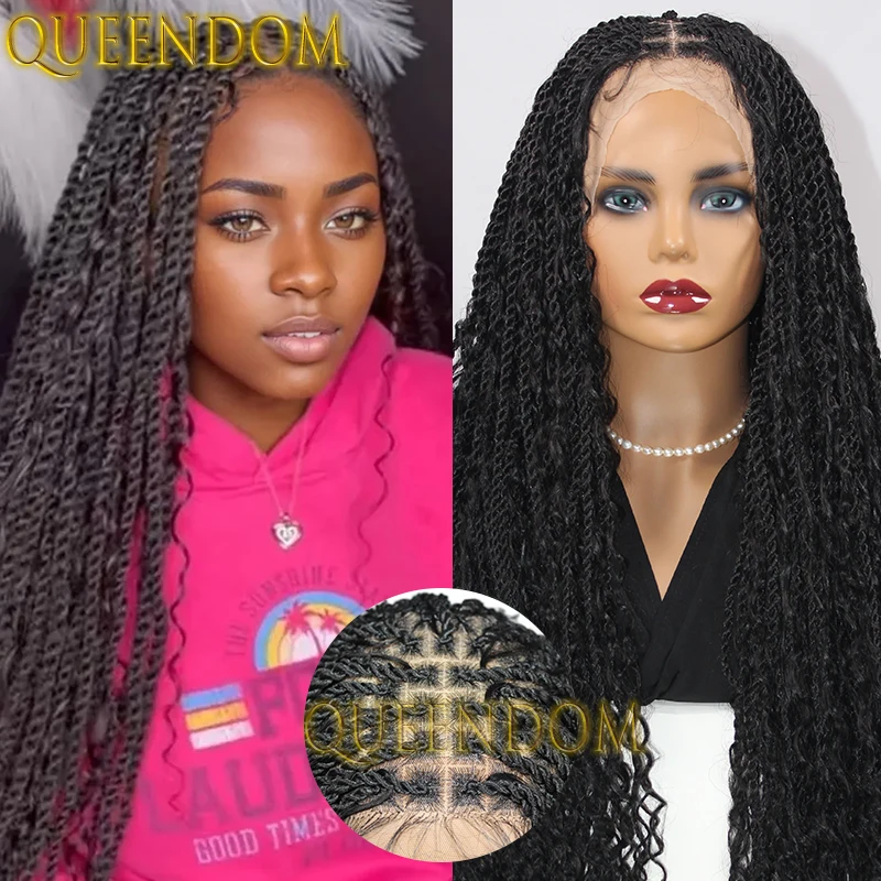 קופסת תחרה מלאה סינתטית קלועת פאה 32 אינץ 'faux locs אי bohemian פאה עם קצה מתולתל עם טוויסט סנגלית פיאה