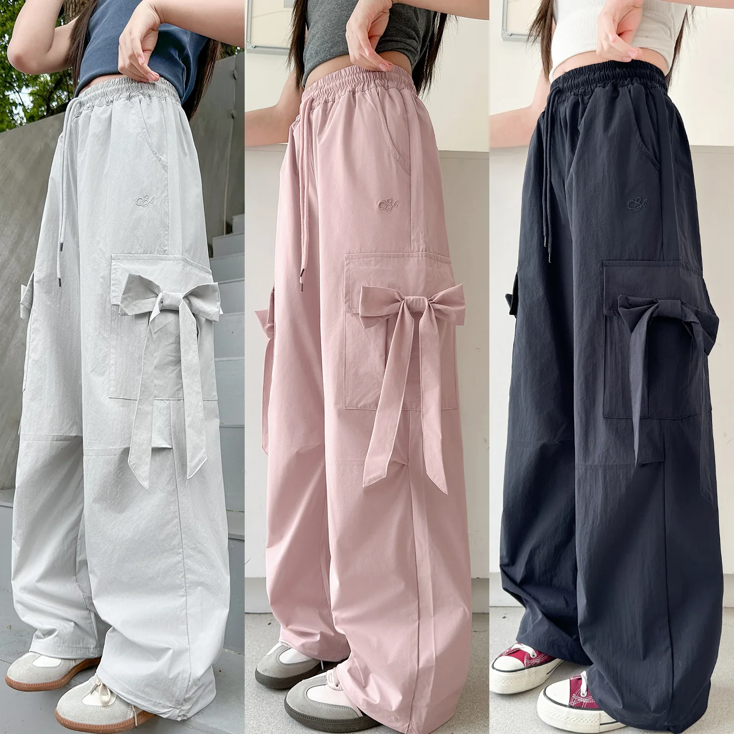 Koreanischer Stil Mädchen Loose-Fit Cargo-Hose mit Schleife Sommer 2026 Lässige Hose Kindermode Vielseitige Lange Hose aus Polyesterfaser