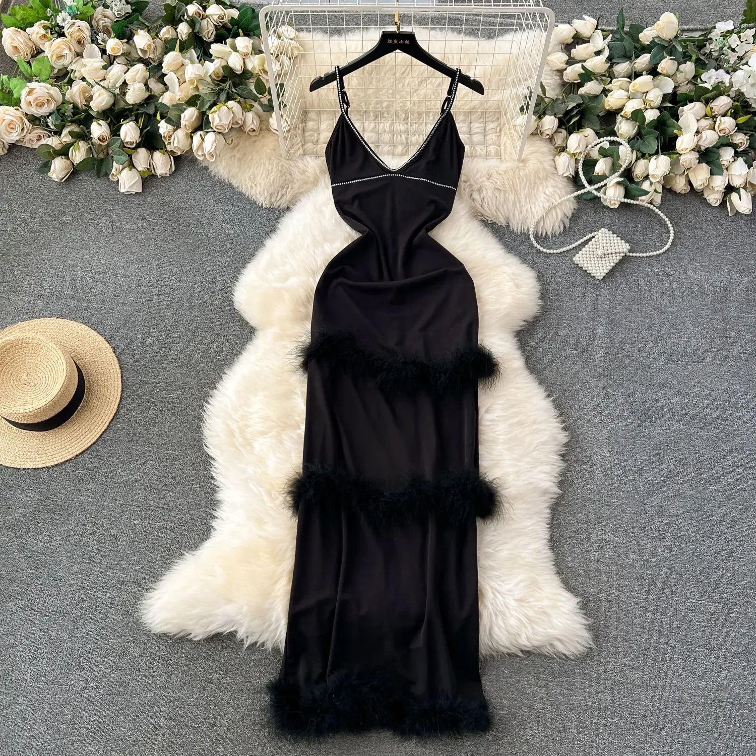 

European America High Quality Black Long Ruffles Dress For Women 2023 New V-neck Strapless Diamond And Fur Patchwork Dresses