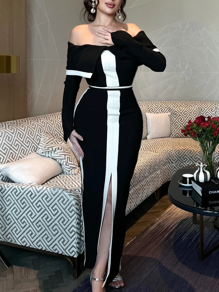 فستان VC Gala Glamour أبيض وأسود مكشوف الكتفين بدون ظهر مع فتحة عالية للثوب الرسمي