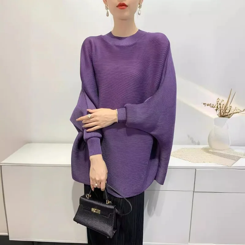 Autumn New Top Women's Bat Sleeves Loose Plus Size T-shirt Toothpick Pleated Solid Color Pullover Coat Women Clothing