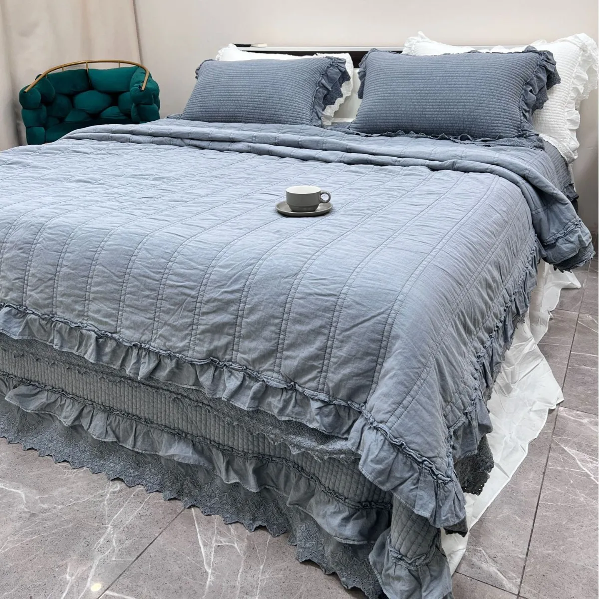 

Enzyme Washed 100% Cotton Quilt Set 3pcs, Double Layer Lace Ruffles Bedspread, Solid Color Quilted Duvet Cover, French Bedding