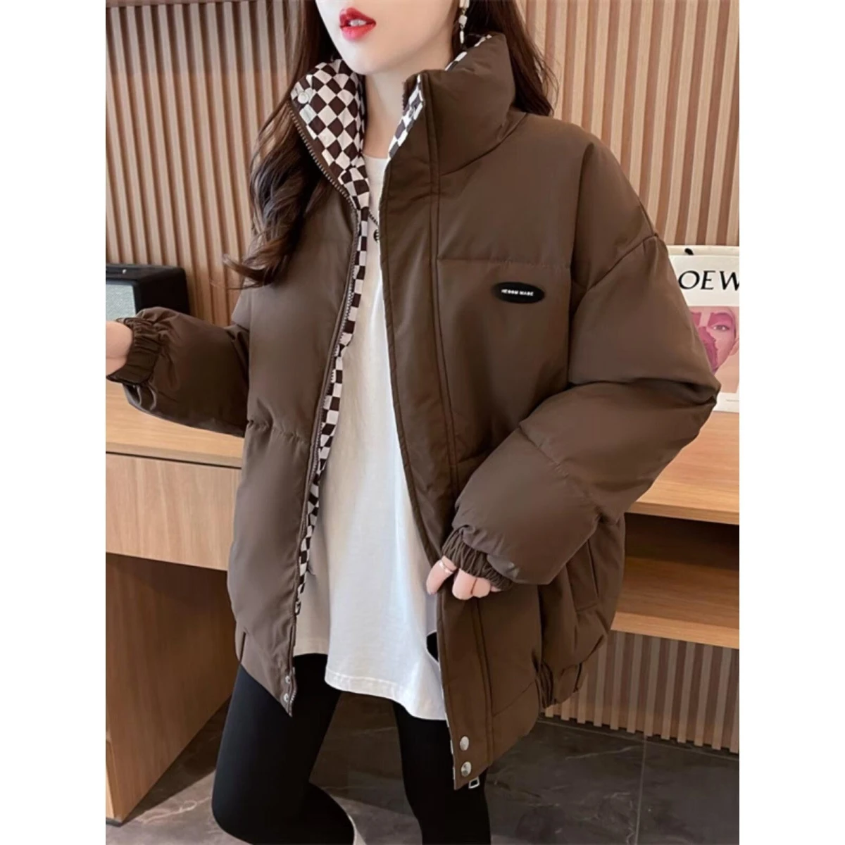 

Thiened Large Size Chboard Pattern Women's Cotton Jaet Autumn Winter Loose Bread Sle Faionable Casual Coat