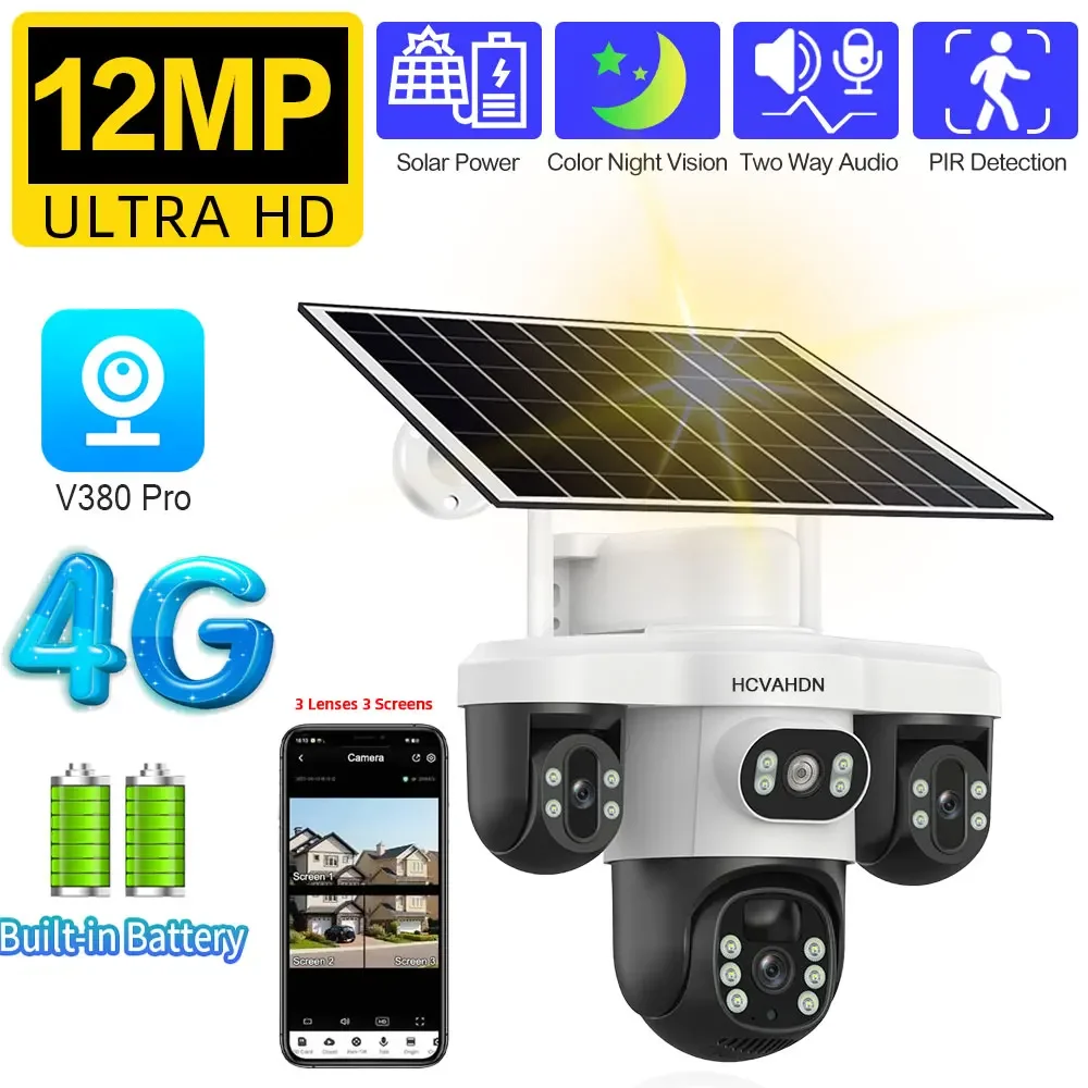 

12MP 4G Sim Card Three Lens PTZ Solar Security Camera Three Screens PIR Detection Outdoor Wireless CCTV Surveillance IP Camera