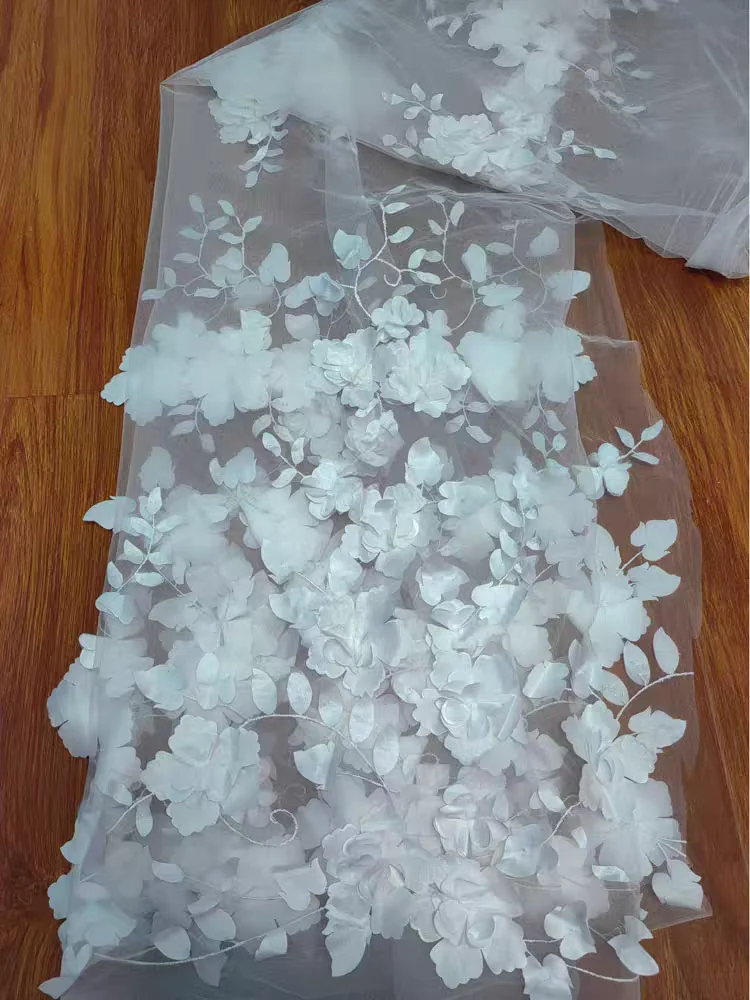 Rosa e marfim 3D flores rendas com pérolas bordadas tecido de flores vestido de noiva tecido de renda