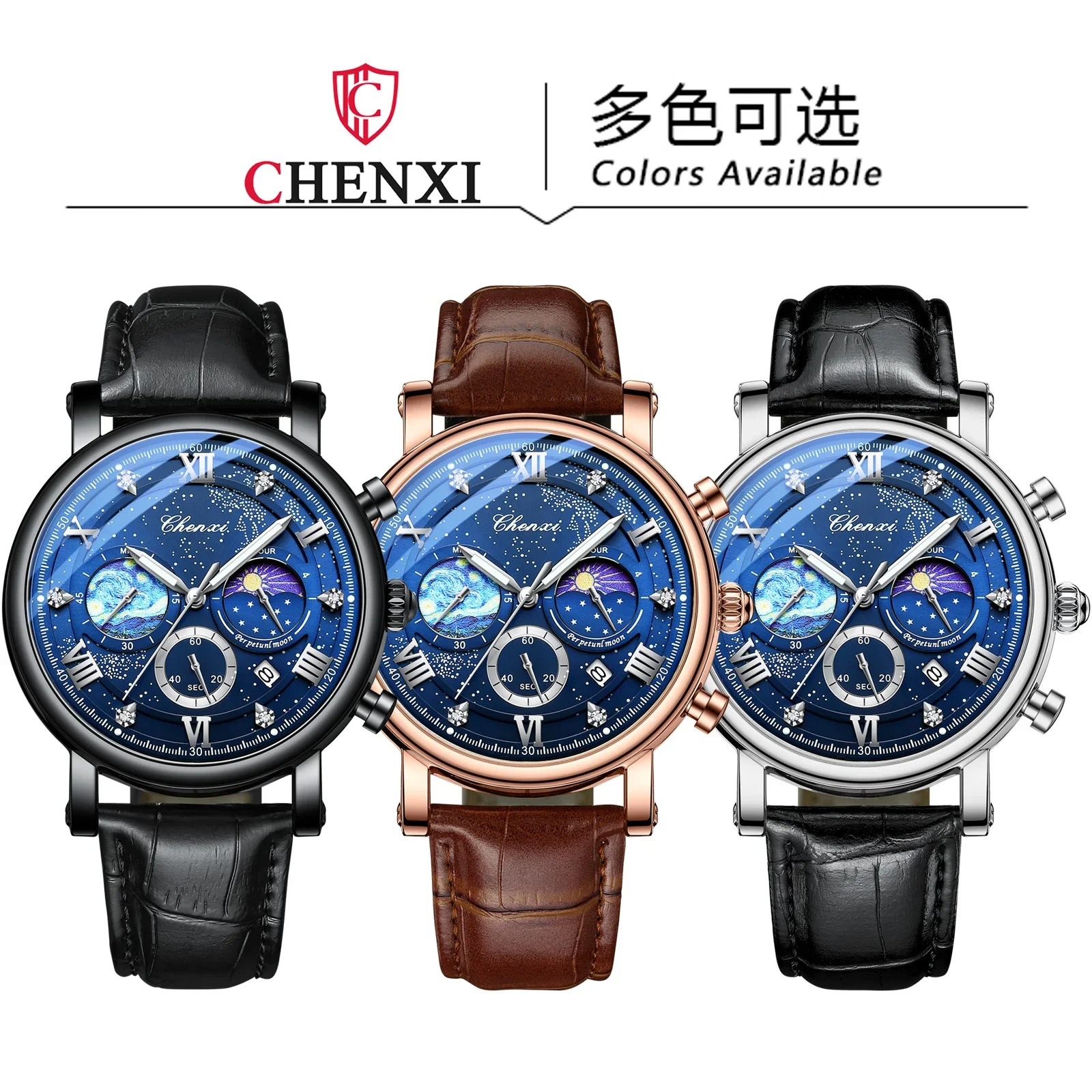 Chenxi 972 Sun Stars Multi-function Fashion Men\'s Moon Phase Timing Calendar Quartz Watch Man relogio masculino watches for men